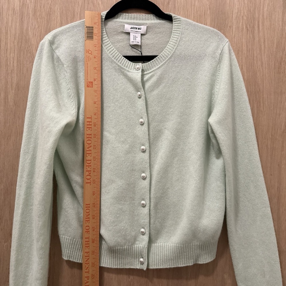 Jason Wu 100% Cashmere Cardigan M Pearl Buttons Mint Green NEW Classic Preppy - Picture 6 of 7
